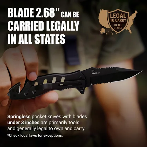 Miniatura 5 de Cuchillo táctico legal para hombres y mujeres - Hoja serrada de 2.68 pulgadas - Pequeños cuchillos de bolsillo negros con rompecristales y cortador