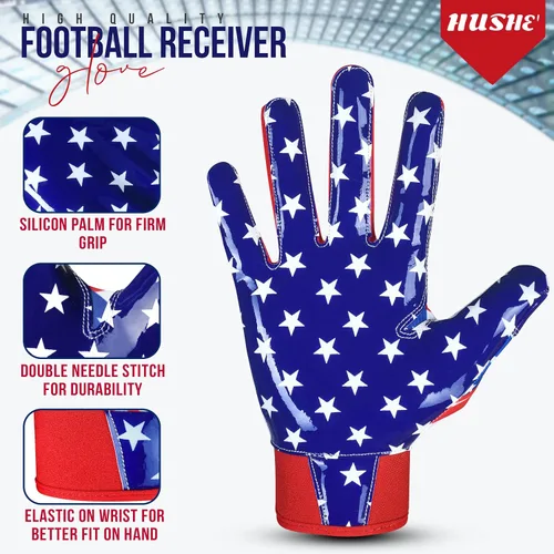 Miniatura 2 de Hushe' Guantes de fútbol con bandera americana de silicona con agarre para jóvenes, guantes receptores de fútbol con bandera de EE. UU. Guantes