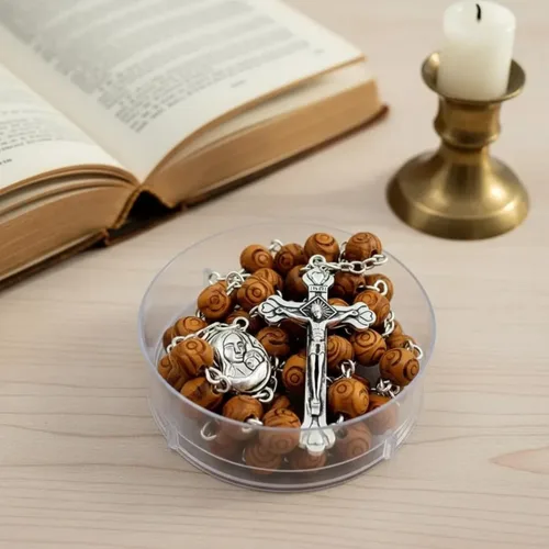 Miniatura 2 de Nazareth Store Rosario de madera de olivo con cuentas talladas a mano Collar de cuentas Medalla de centro de mesa de suelo sagrado de Jerusalén
