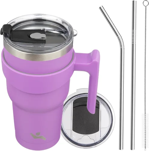 Miniatura 86 de Konokyo - Vaso de 10 onzas con asa y 2 popotes, 2 tapas, botella de agua aislada de acero inoxidable, taza de viaje reutilizable, color verde militar
