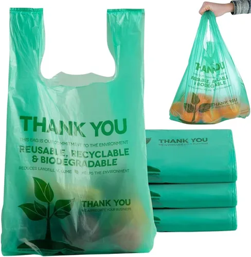 Miniatura 7 de Paquete de 25 bolsas de camiseta con asas de 22 x 12 pulgadas, bolsas de plástico biodegradable verde para compras, bolsas de agradecimiento