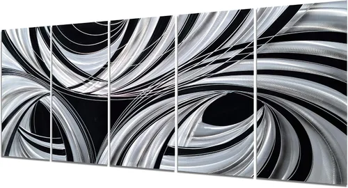 Miniatura 11 de Yihui Arts Arte abstracto de pared de metal, hecho a mano, 5 paneles grandes, grandes, azul, verde azulado, plateado, único, aluminio 3D, moderno