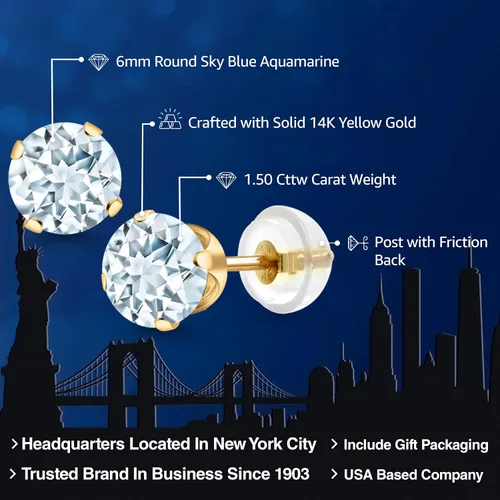 Miniatura 56 de Gem Stone King Aretes solitarios con piedra natal de oro de 14 quilates Redondos de 0.236 in Aretes de oro para mujeres y hombres