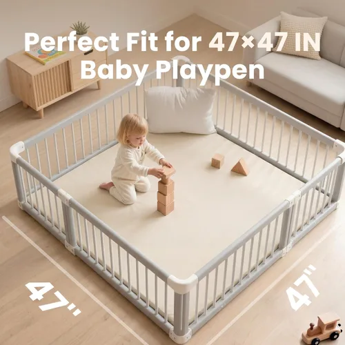 Miniatura 2 de Huloo Sleep Tapete de juego para bebé de 47 x 47 pulgadas, acolchado impermeable de 1.3 pulgadas de grosor, tapete para corral de juegos con cuero