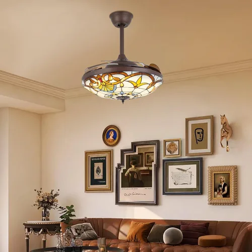 Miniatura 2 de LOYALHEARTDY Tiffany - Ventiladores de techo con luces y control remoto retráctil Tiffany de 42 pulgadas, 6 velocidades, 3 luces LED y función