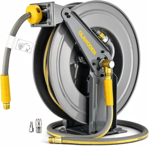 Miniatura 9 de GLAHODEN Carrete de manguera de aire de doble brazo de 50 pies retráctil, manguera híbrida de 1/2 pulgada, carrete de manguera de compresor de aire