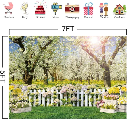 Miniatura 5 de Telón de fondo de primavera de poliéster de 7 x 5 pies, paisaje natural, árbol de bosque, fondo de fotografía para niños, cumpleaños, boda, baby
