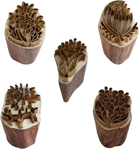 Royal Kraft Sellos de madera de latón floral (juego de 5) para impresión de bloques en arcilla, cerámica, tela BHtag0051