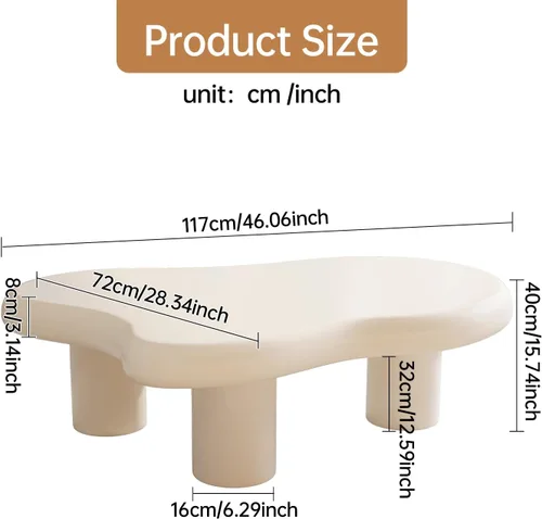 Miniatura 2 de Mesa de centro en forma de nube de 46.06 pulgadas, moderna mesa de centro blanca con borde redondo con 3 patas de soporte resistentes y mesa de 3.14
