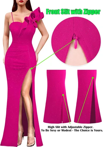 Miniatura 6 de VFSHOW Vestido largo con volantes y tirantes para mujer, fruncido, formal, para graduación, boda, cuello en V, elegante, dividido, cóctel, noche