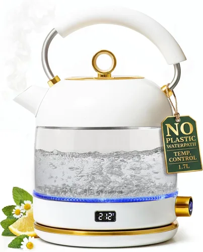 Tetera eléctrica blanca con control de temperatura, caldera de agua caliente rápida de 1500 W y calentador - Hervidor eléctrico blanco y dorado con