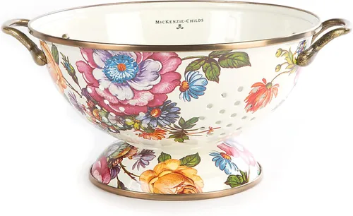 MACKENZIE-CHILDS - Colador esmaltado, colador decorativo de cocina, grande, diseño de flores del Mercado de Flores, color blanco