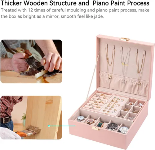 Miniatura 4 de Voova Joyero organizador para mujeres y adolescentes, estuche grande de almacenamiento de 2 capas, soporte de joyería de piel sintética con bandeja