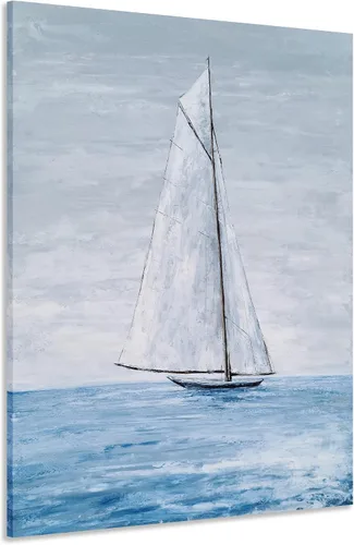 Miniatura 9 de Yihui Arts Lienzo de pared pintado a mano, pintura abstracta de atún, obra de arte moderna, imágenes costeras en color azul y blanco para decoración