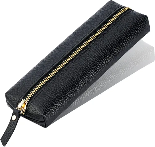 Estuche de cuero auténtico para bolígrafos, estuche de cuero de vaca con cremallera, suave bolsa de cuero negra para adultos.