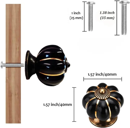 Miniatura 2 de Pomos de cerámica para gabinete, paquete de 4, manijas de puerta de calabaza elegantes y vintage para cocina/cajón/armario/armario (negro, 4 piezas)