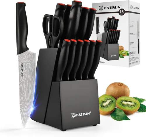 Miniatura 11 de Juego de cuchillos de cocina de 15 piezas con bloque, mango ergonómico de ABS para juego de cuchillos de chef y cuchillos de carne dentados