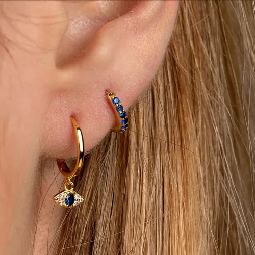 Miniatura 4 de Real 18K Gold Plated Sterling Silver Tiny Double Sided Blue Sapphire Huggie Hoops Handcrafted In USA Ship Within 24 hours