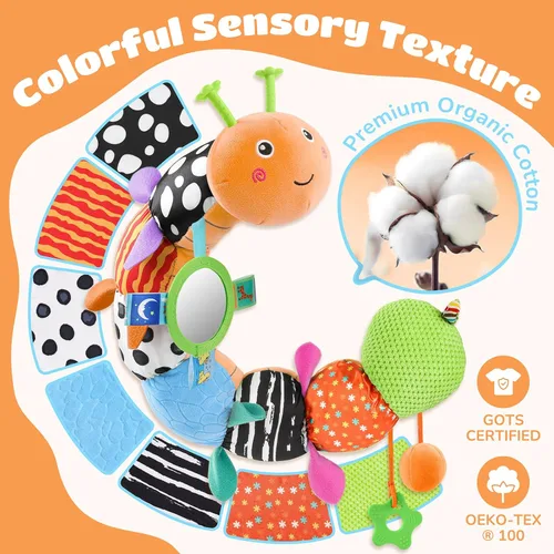 Miniatura 7 de Awotoy Baby Toys - Juguete musical de oruga interactivo multicolor para bebés, sonajero arrugado, suave con campana de anillo, juguete de peluche