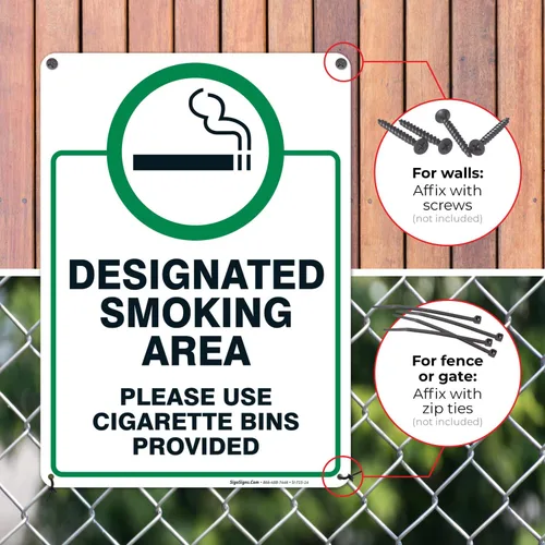 Miniatura 4 de Letrero designado para zona de fumar, letrero con texto en inglés "Please Use Cigarrette Bins Sign", 10 x 14 pulgadas, libre de óxido, aluminio 040