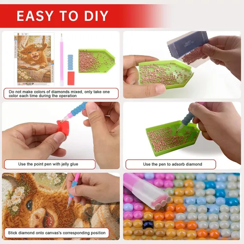 Miniatura 7 de Kits de pintura de diamantes de animales para adultos, paquete de 4 unidades, lindo tigre, vaca, gato, perro, kit de arte de diamantes, pintura