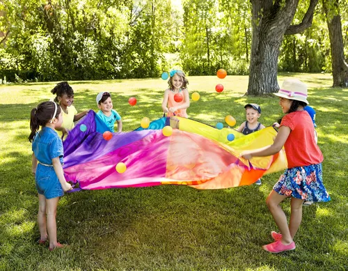 Miniatura 10 de B. toys Woo - Paracaídas Hue! - Deportes al aire libre - Juega paracaídas con 15 bolas coloridas - 12 asas - Tienda de viento de 8 pies - Juegos al