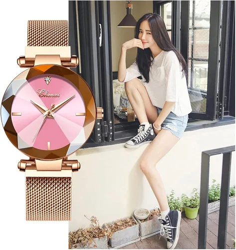 Miniatura 4 de BESTKANG Reloj analógico de cuarzo para mujer, esfera 3D, correa de malla rosa, reloj de pulsera para niñas y mujeres