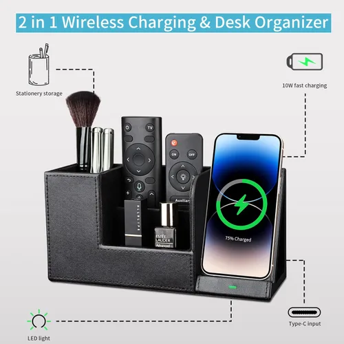 Miniatura 4 de KINGFOM Organizador de escritorio de cuero PU con soporte de estación de carga inalámbrica para iPhone 10W, soporte rectangular para caja