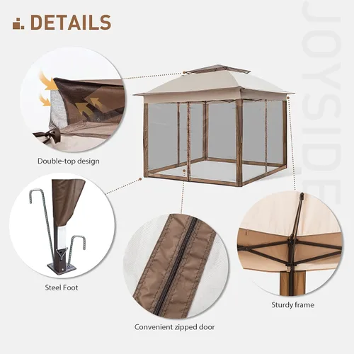 Miniatura 4 de Joyside Cenador desplegable de 11 x 11 pies para patio con paredes laterales y mosquitera, tienda de campaña para exteriores para bodas (beige)
