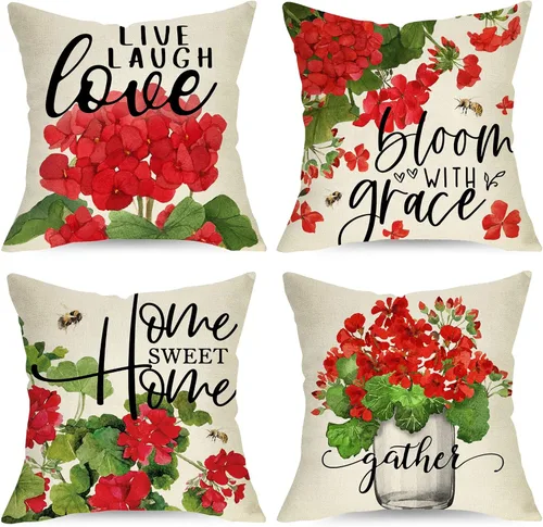 Miniatura 8 de Juego de 4 fundas de almohada decorativas de flores de geranio rosa de 16 x 16 pulgadas, decoración de fundas de cojín de tarro de masón floral
