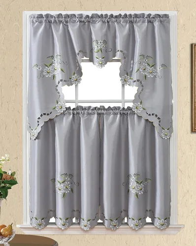 Miniatura 3 de Gohd Cutwork Floral. Juego de cortinas de cocina. Juego de cenefa y flecos. Lindo bordado en tela de seda sintética con calados. (Gris)