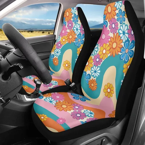 Miniatura 2 de Funda de asiento de automóvil con margaritas bohemias, diseño hippy arcoíris, margarita, flores, antideslizante, SUV, sedán, furgoneta, protector