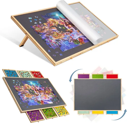 Lavievert - Mesa de rompecabezas 2 en 1, basculante y giratoria, con 6 cajones de colores y cubierta, mesa de rompecabezas portátil para adultos,