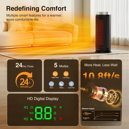 Miniatura 7 de ZAFRO Calentador de espacio, calentadores eléctricos portátiles ultra silenciosos para uso en interiores con termostato, 1500 W de cerámica PTC