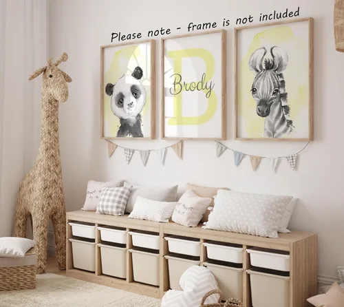 Miniatura 4 de Animales de safari personalizados para habitación de bebé, niño, niña, cuarto de bebé, juego de 3 impresiones sin marco, nombre personalizado, gris