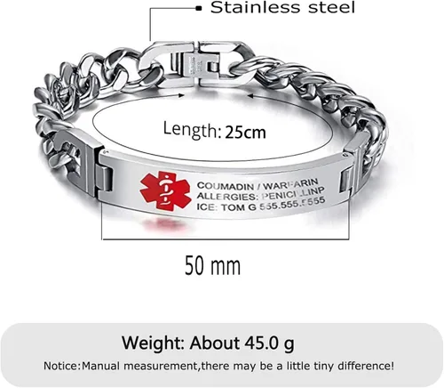 Miniatura 6 de Pulseras de identificación de alerta médica personalizadas para mujeres y hombres, pulseras médicas de emergencia para adultos, pulseras médicas