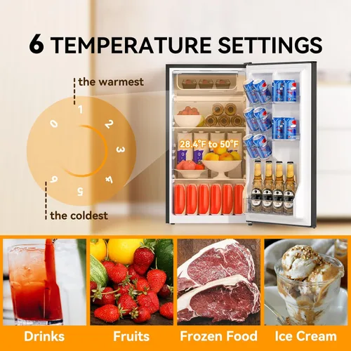 Miniatura 6 de Mini refrigerador de 3.2 pies cúbicos de una sola puerta con congelador, termostato ajustable, refrigerador pequeño de bajo ruido de ahorro
