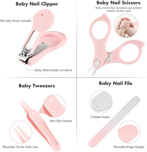 Miniatura 6 de Cortauñas para bebé, kit de uñas seguro 4 en 1 con bonito estuche, cortaúñas, tijeras, pinzas, juego de lima de uñas para recién nacidos, bebés, Rosa