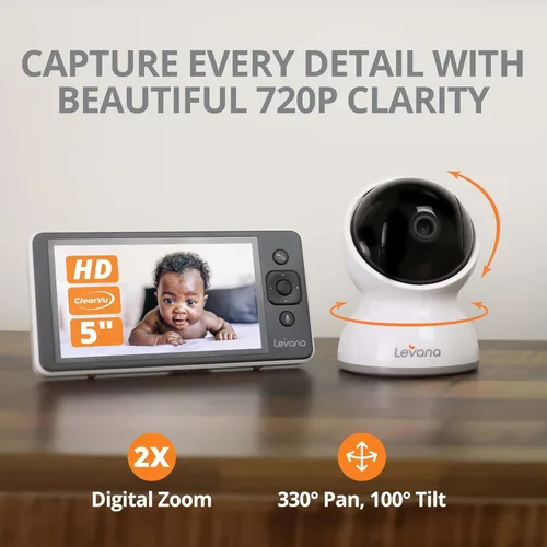 Miniatura 2 de Levana Monitor de bebé Ella Video, pantalla 720P de 5 pulgadas, 2 cámaras PTZ, 4 días de duración de la batería, batería de 3800 mAh, visión