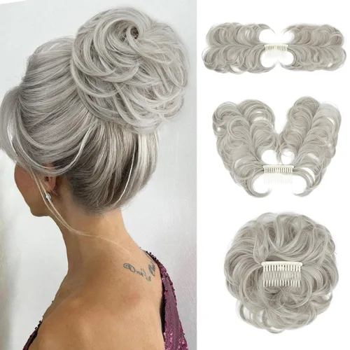 Miniatura 22 de Postizo de Cabello de Moño Despeinado con Peine Lateral Clip en Postizo de Moño para Mujeres Corto Natural Liso Versátil Estilos Ajustables Piezas