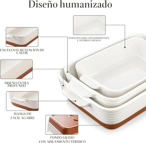 Miniatura 5 de MALACASA Fuentes para horno, Juego de 3 fuentes de cerámica para hornear, Juego de fuentes para hornear, Bandeja rectangular para lasaña profunda