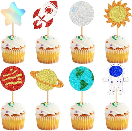 Miniatura 13 de Ercadio 1 pieza de decoración para tartas de niña espacial, luna, estrella, cohete, planeta, decoración de pasteles, espacio de feliz cumpleaños