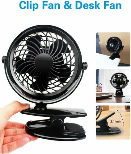 Miniatura 2 de Gazeled Ventilador de clip a batería, rotación de 360°, con 8 pilas AA gratis, ventilador silencioso USB o a batería, ventilador de clip portátil
