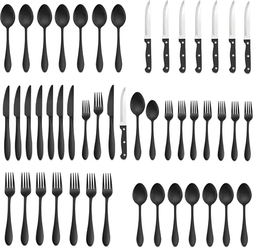 Miniatura 11 de LIANYU Juego de cubiertos de 24 piezas con cuchillos para carne, cubiertos de acero inoxidable para 4, tenedor, cuchara, cuchillo, utensilios