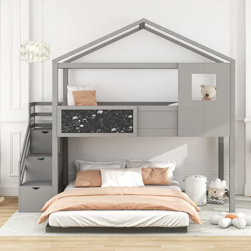 Miniatura 6 de Cama litera con escalera en forma de casa con escalera con almacenamiento y ventana para niños o niñas, no se necesita somier