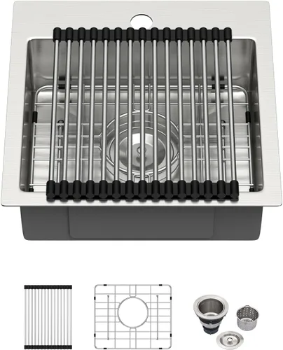 Kichae Fregadero de 15 pulgadas para RV - Fregadero de barra de 15 x 15 x 5, fregadero de cocina pequeño, sobremontado, de montaje superior, de