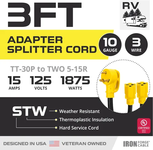Miniatura 2 de IRON FORGE CABLE Cable de RV, generador y adaptador eléctrico para RV, cable de alimentación TT-30P macho a dos hembra 5-15R, adaptador de enchufe