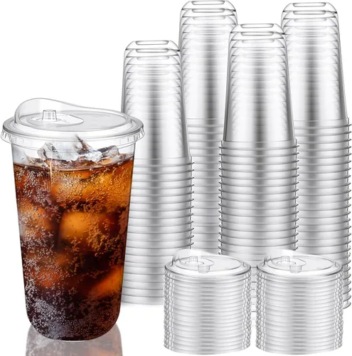 Miniatura 10 de LemonRoad Paquete de 200 vasos de plástico transparente de 12 onzas con tapa para sorber sin pajilla, taza de café helado de plástico desechable