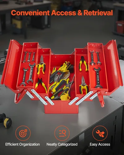 Miniatura 4 de VEVOR Caja de Herramientas de Metal, 18 pulgadas, 3 niveles, 5 bandejas, portátil, plegable, organizador de cofre de herramientas con mango