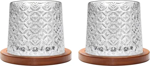 Miniatura 17 de Vaso de vidrio antiguo giratorio, 275ml/10oz de vidrio de whisky de cristal, posavasos de madera, engrosamiento, utilizado como vaso de ron, vaso